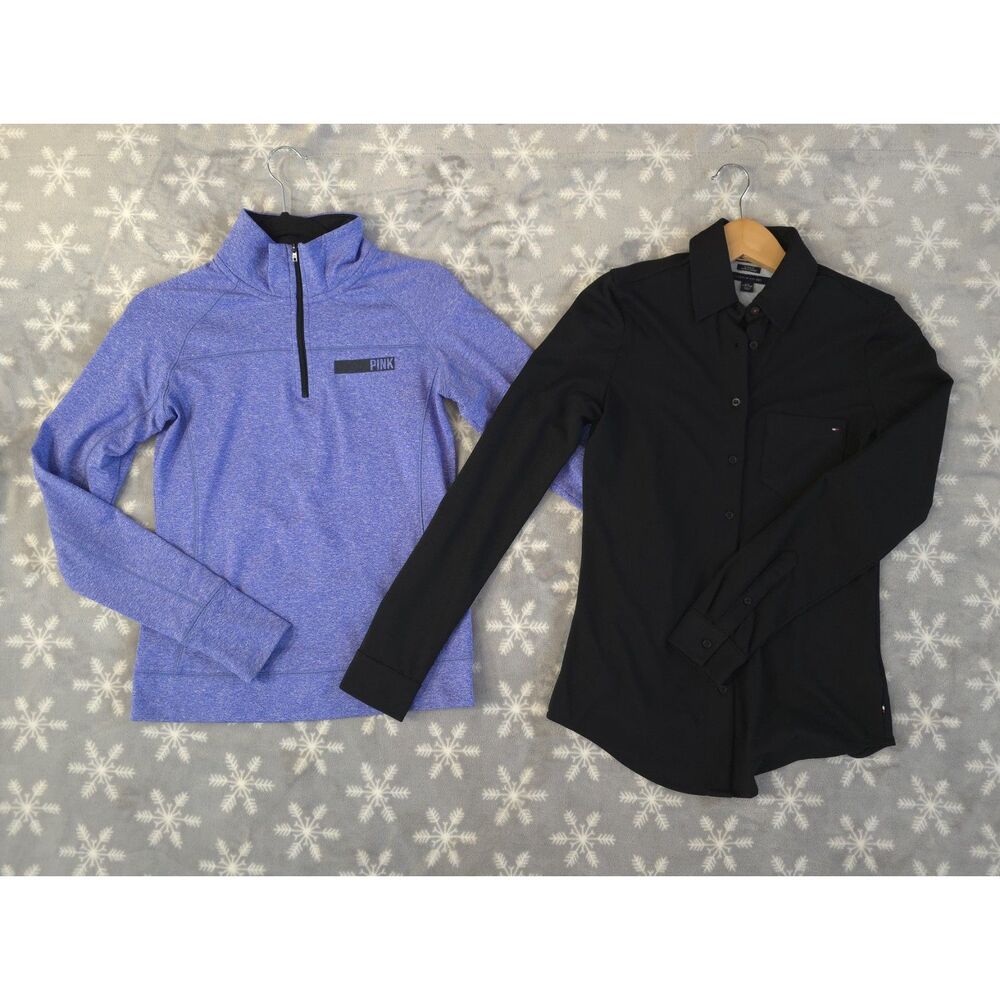Lot 2 Womens XS XXS Petite Bundle Tommy Hilfiger Black Shirt & PINK Half Zip